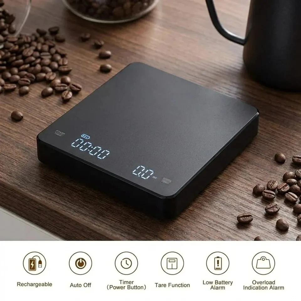 משקל אספרסו דיגיטלי נטענת USB עם מסך LED טיימר 3 ק"ג 0.1 גרם דיוק משקל מטבח תמיכת g oz ml המרת יחידה — image 5