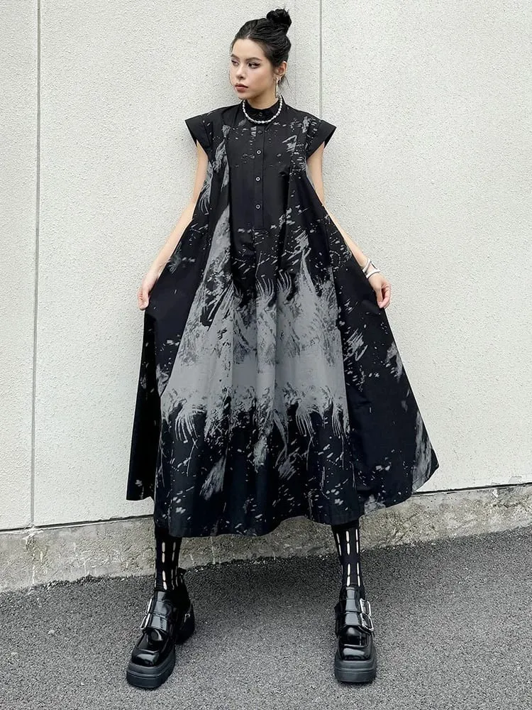 [EAM] Women Black Pattern Printed Big Size Midi Shirt Dress New Stand Collar Sleeveless Fashion Tide Spring Summer 2026 1DH5837