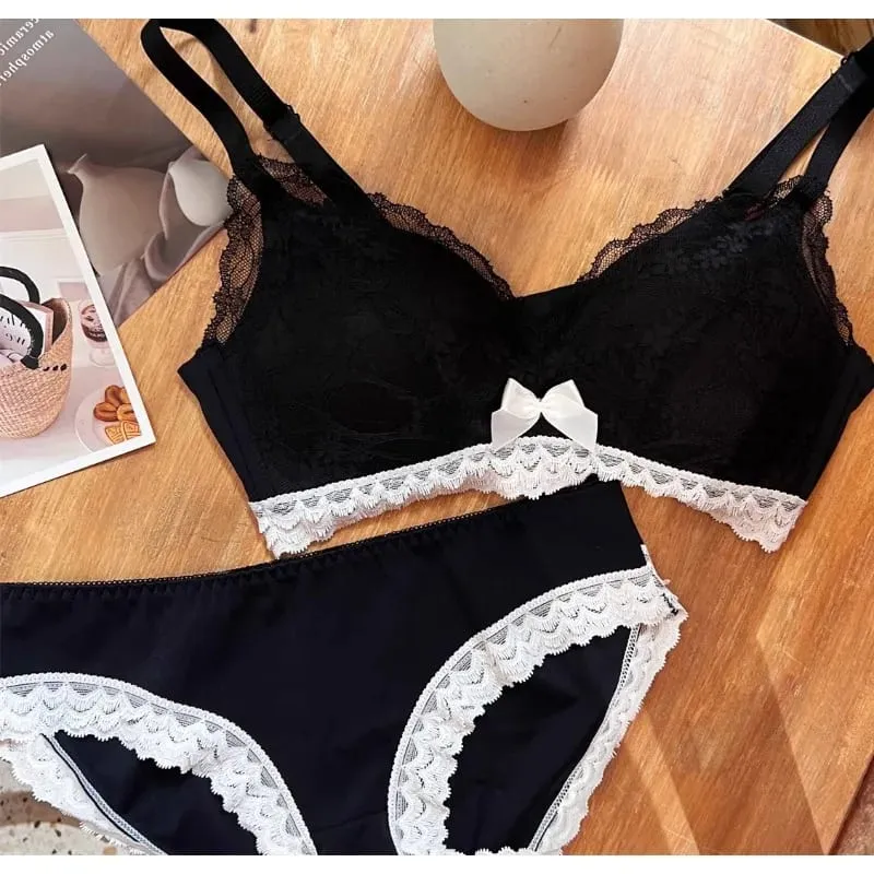 French Lace Bra Wireless Push Up Bralette for Small Bust Adjustable Straps Anti Sagging Support Sexy Lace Up Lingerie Panty Set — image 1