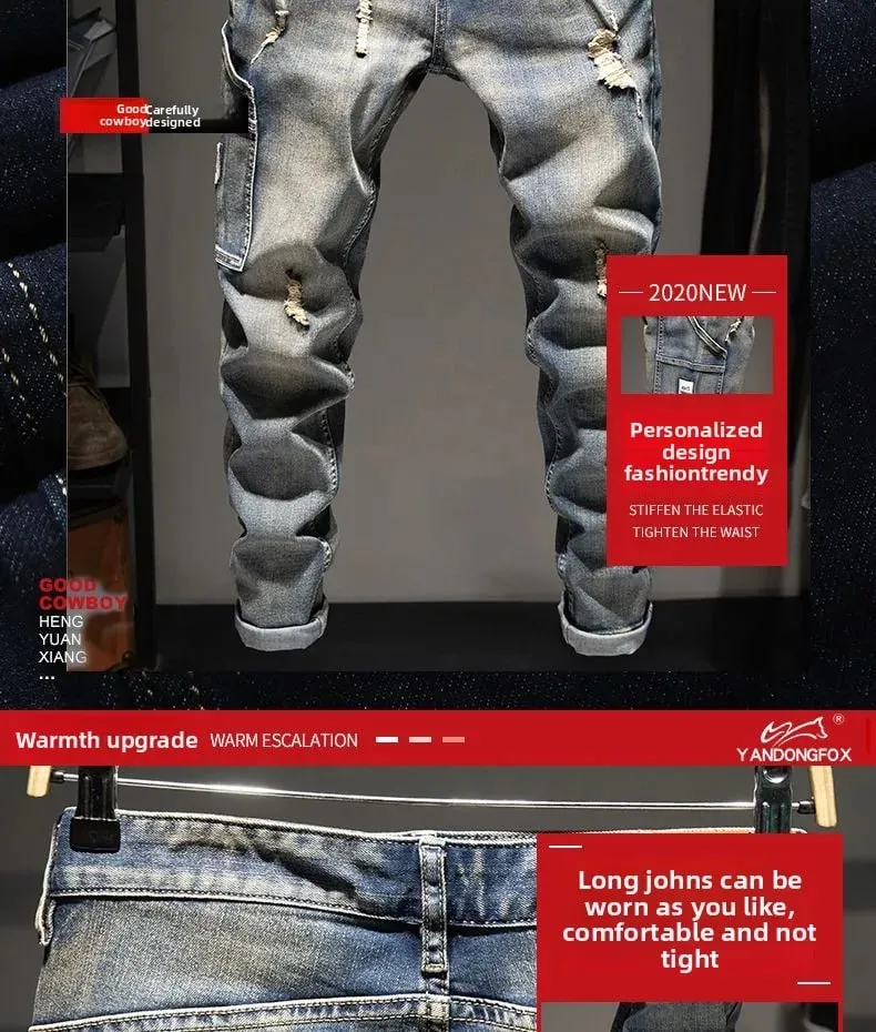 Forår og efterår Elastik Nostalgisk stor størrelse Rippede jeans Mænds løs fedt plus trendy mærke fede fyrebukser vaskede lange bukser — image 9