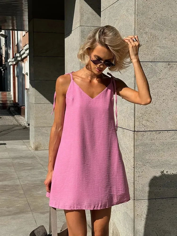 Ahagaga Fashion Women's Dresses Solid Straps Bandage Regular Causal V-Neck Sleeveless Summer Camisole Loose Sweet Femlae Vestido — image 5