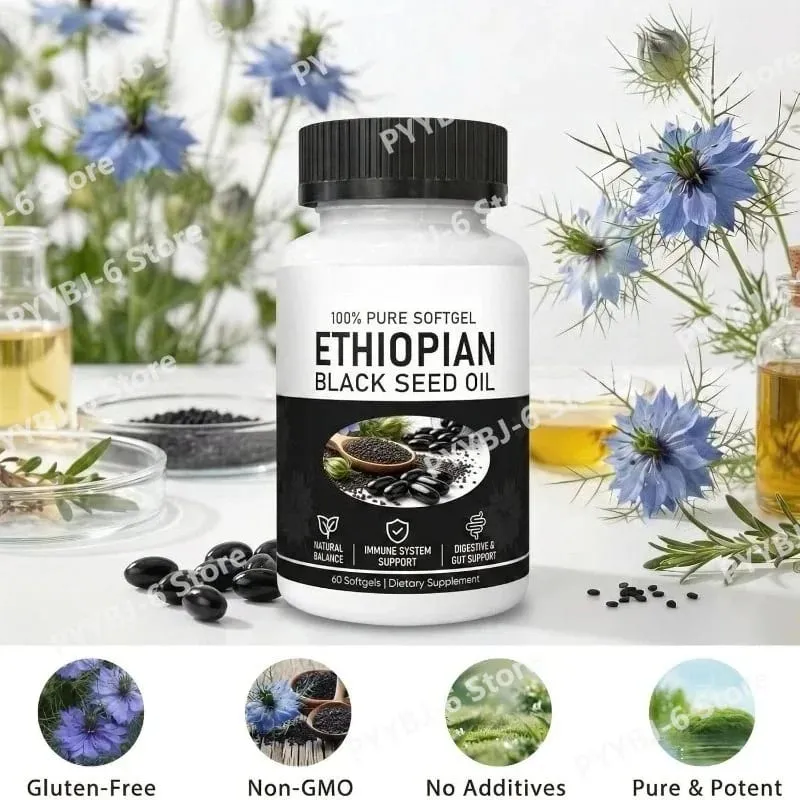 Ethiopische zwarte zaadolie Biologisch koudgeperst immuunsysteemondersteuningssupplement 60 softgels voor gewrichtsgezondheid en antioxidantbescherming