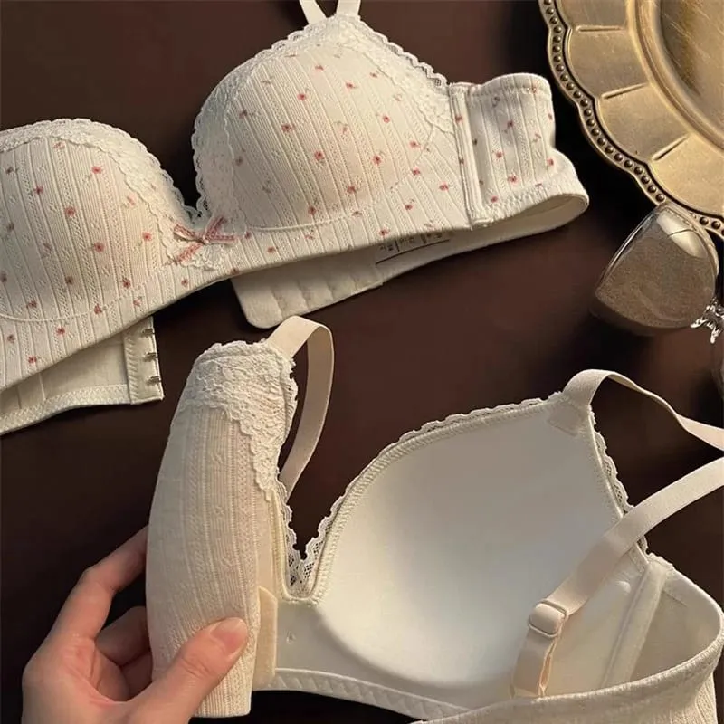 Sweet Girl Lace Edge Floral Bra Set Women Non-steel Ring Beauty Back No Steel Hoop Anti Sagging Underwear Cotton Comfortable Bra — image 5