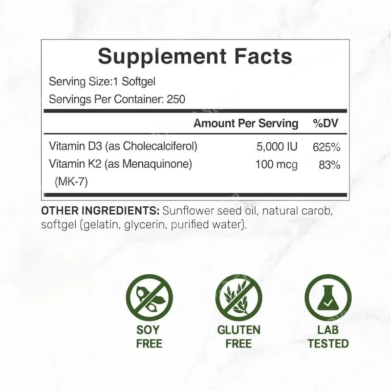 Vitamin D3 + K2 MK7 Softgels 250 Count 2-in-1 Complex Non-GMO Soy-Free Gluten-Free Bone Health Support Immune System Booster — image 7