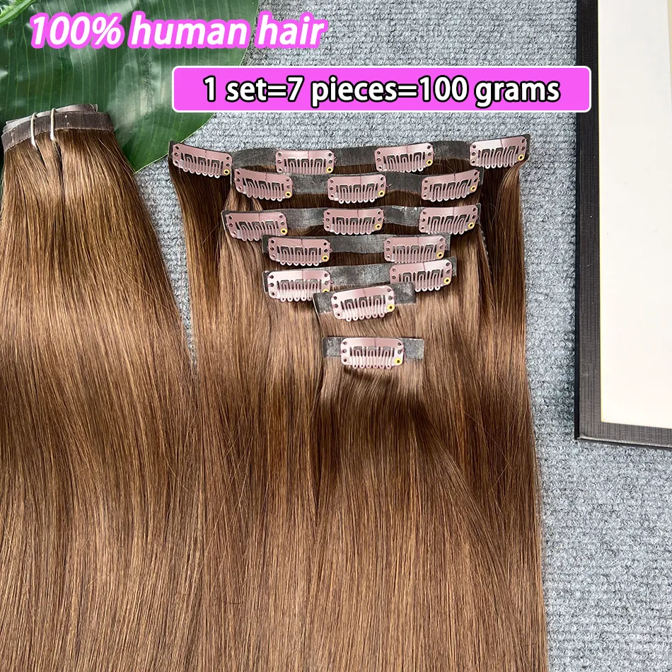 #2 Couleur Droite Clip ins Extensions de Cheveux Humains 100 Grammes 7 Pièces/ensemble Sans Couture PU Trame Clips en Vietnamien 100% Cheveux Vierges Bruts — image 3