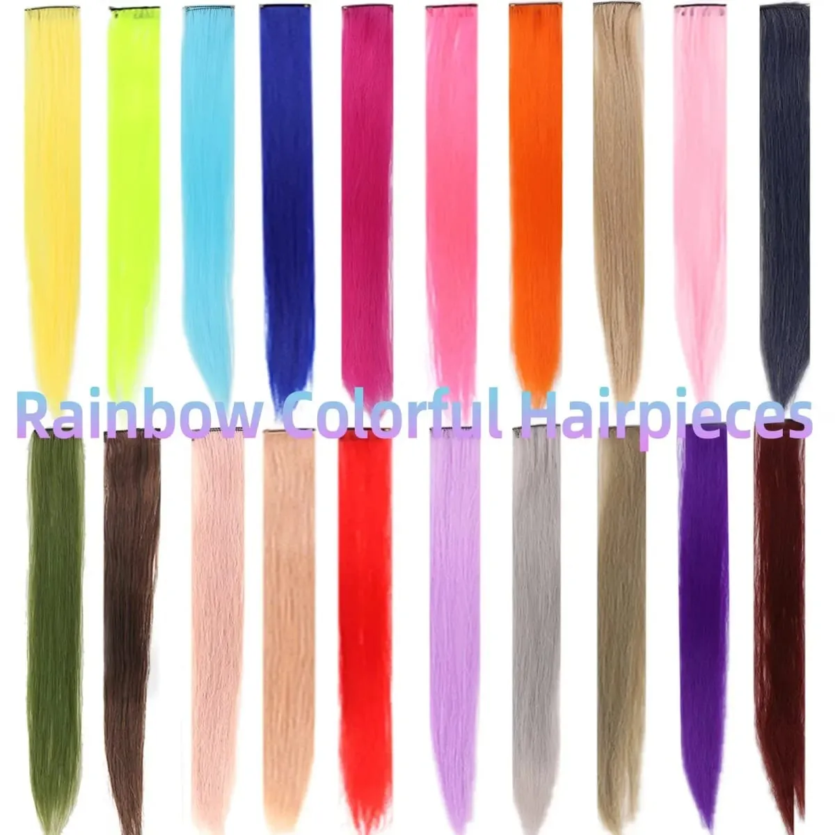 2026 สี Highlight Hair Extensions 22 นิ้วสายรุ้งสังเคราะห์ยาวตรง Hairpieces สีม่วงสีชมพูสีฟ้าสำหรับหญิงสาวเด็ก — image 2