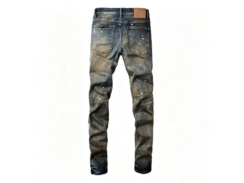 Jeans affusolati slim con strappi multipli da uomo Lavaggio sfumato blu vintage Bottoni con schizzi di vernice bianca Fly High Street Style — image 9