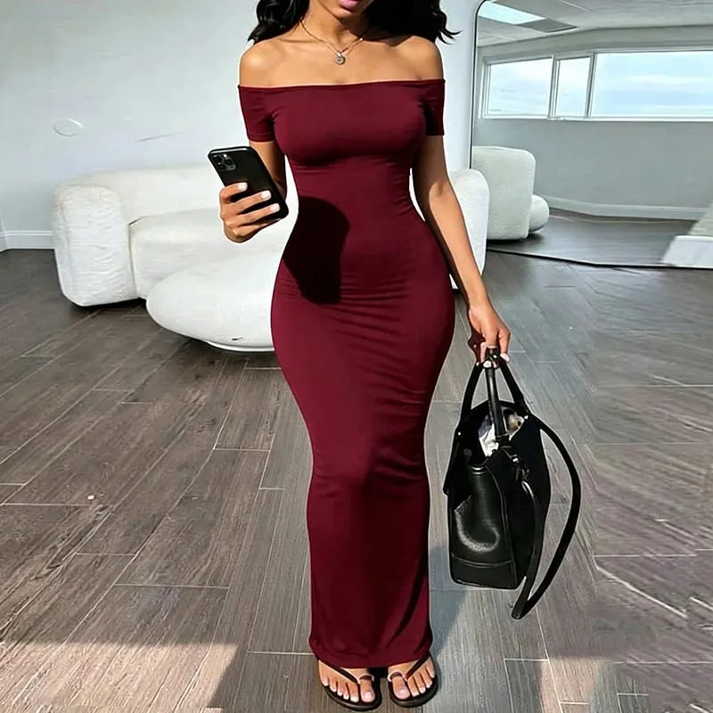 Women Summer New Off Shoulder Maxi Dress Daily Commuter Solid Sleeveless Tube Top Bodycon Long Dress Casual Layering Inner Wear