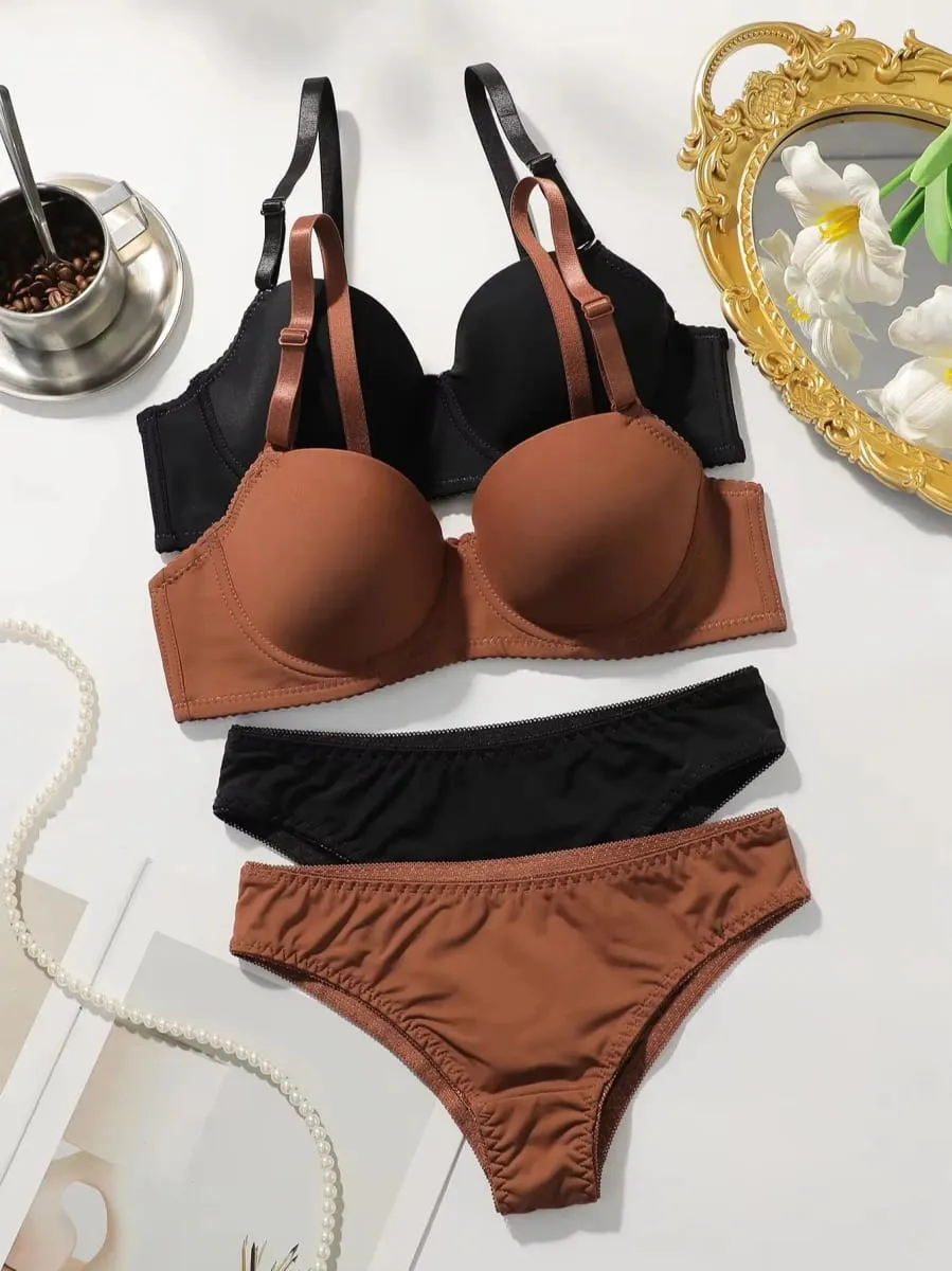 2 Set Solide Bügel Dessous Set Frauen Push-Up Bh Frauen Unterwäsche Sets Komfortable Täglichen Dessous J2611