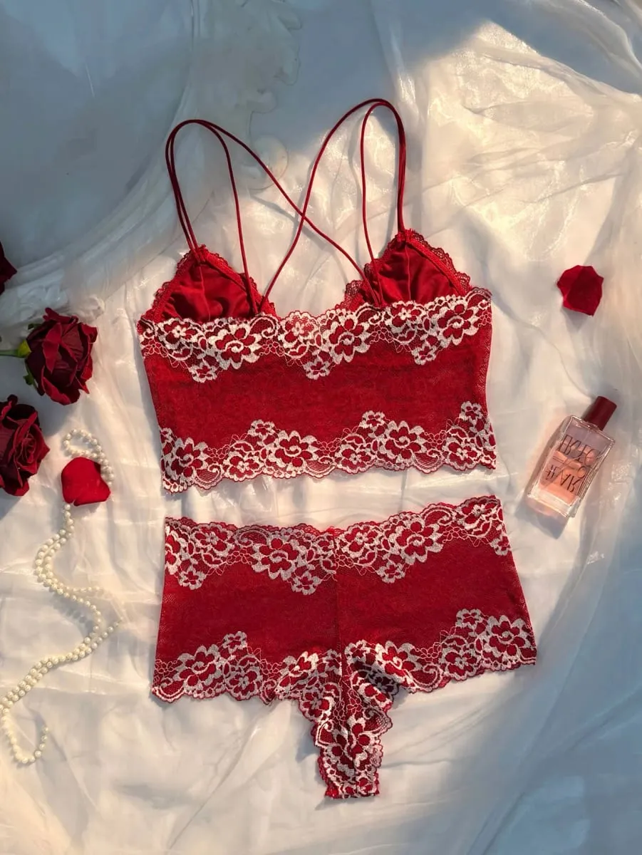 Exquisite kontrastierende Blumenspitze, eng anliegendes Netz, durchsichtig, Kreuz, schöner Rücken, Strapse, sexy Dessous, 2-teiliges Set 2026 — image 5
