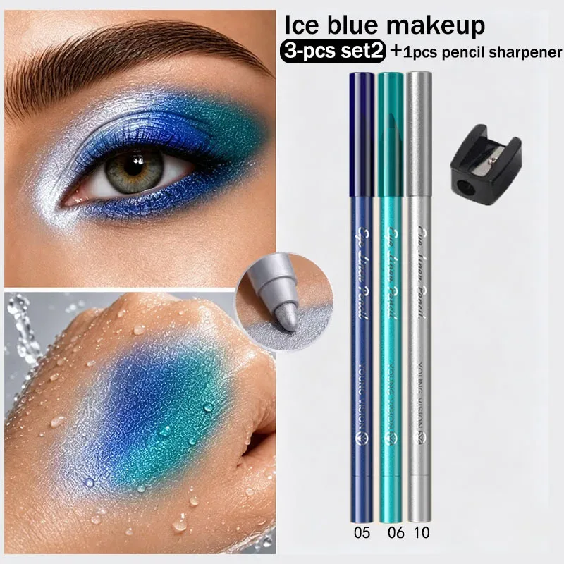 3 Buah Pensil Eyeliner Mutiara Biru Hijau Ungu Pensil Eyeshadow Multifungsi Riasan Eyeliner Pigmen Tinggi Tahan Air — image 8
