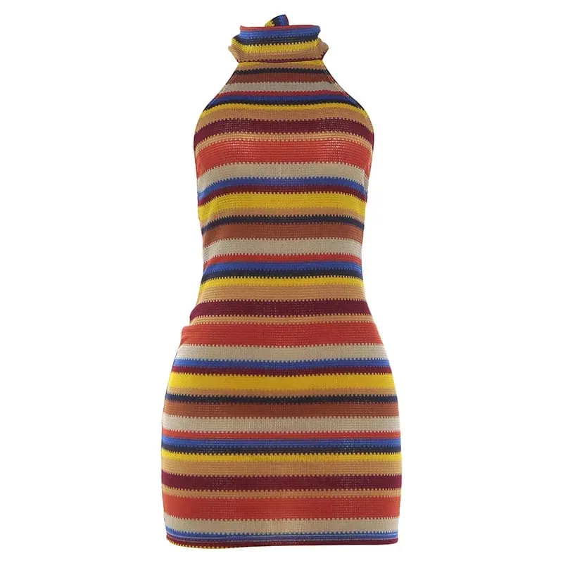 Mini abito con scollo all'americana in maglia a righe crittografiche Abiti corti aderenti aderenti clubwear casual estivi senza maniche senza maniche a contrasto colorato