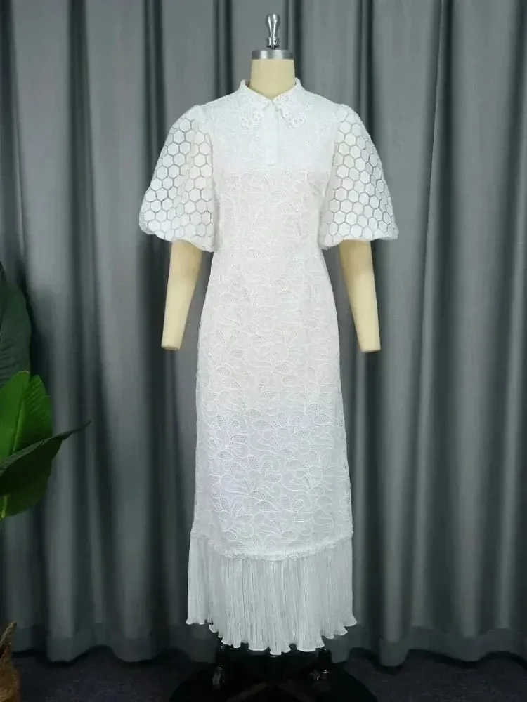 Gaun Renda Putih untuk Wanita Tetamu Perkahwinan Kolar Turn Down Elegan Lengan Puff Labuh Berlipat Gaun Midi Pakaian Acara Mewah — image 2