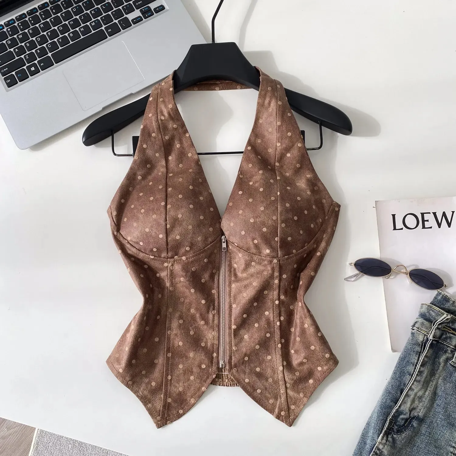 Polka Dot PU หนังเซ็กซี่ TOP Slim Backless Shirred ซิป Sensual Tank Top 2026 ผู้หญิงอินเทรนด์ Halter Hotsweet Camisole — image 7