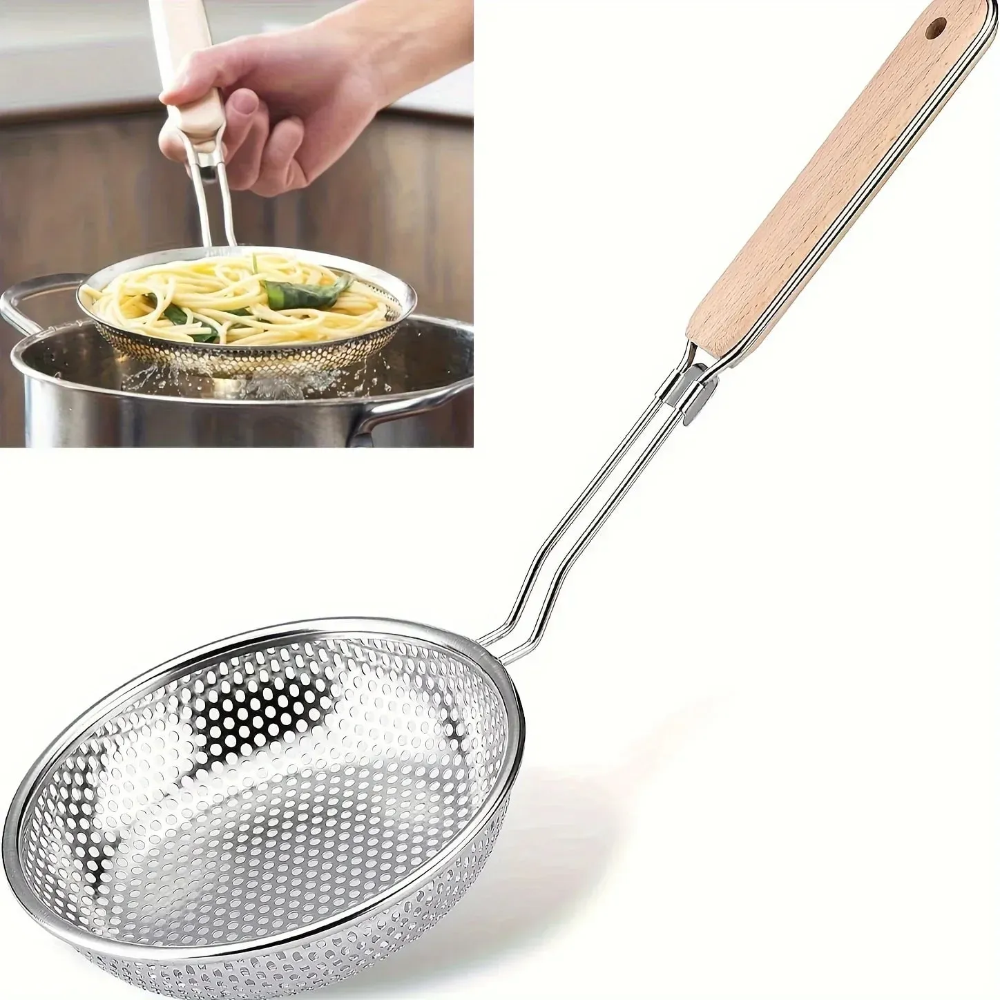 Scolapasta in acciaio inossidabile con manico in legno - Cucchiaio schiumarola a maglia fine per cucinare, preparare alimenti, filtrare il grasso per tagliatelle di pasta