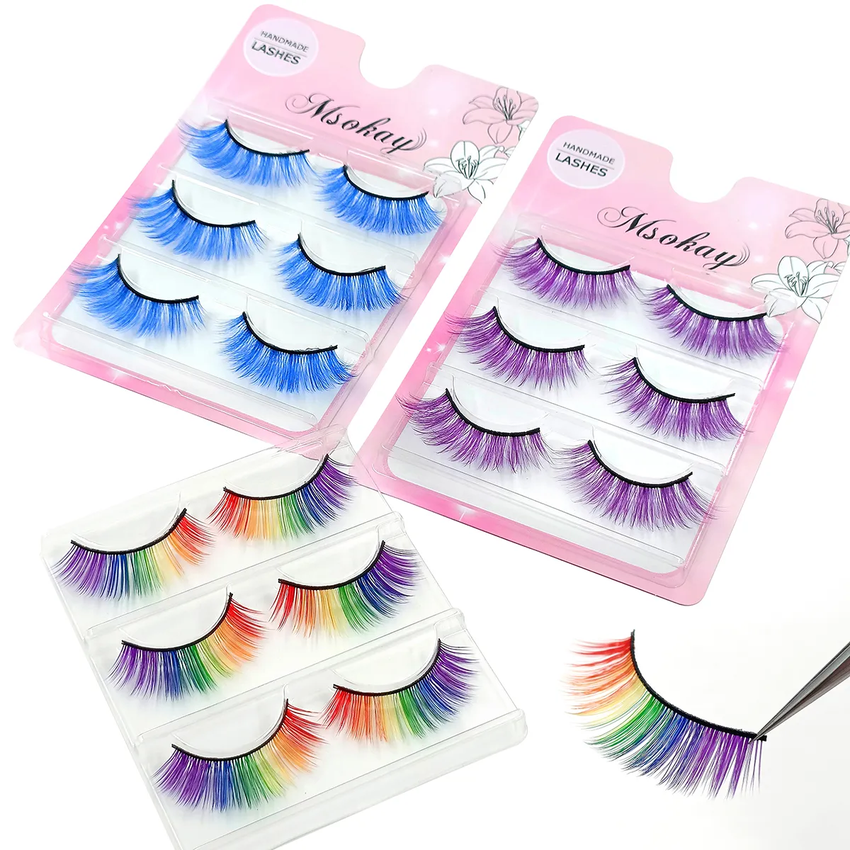 3 คู่สายรุ้งสีขนตาสีน้ำตาลคอสเพลย์ขนตาปลอมสีบลอนด์แต่งหน้า Eye Lashes สีสันสีฟ้าฮาโลวีนมังสวิรัติ Cilias