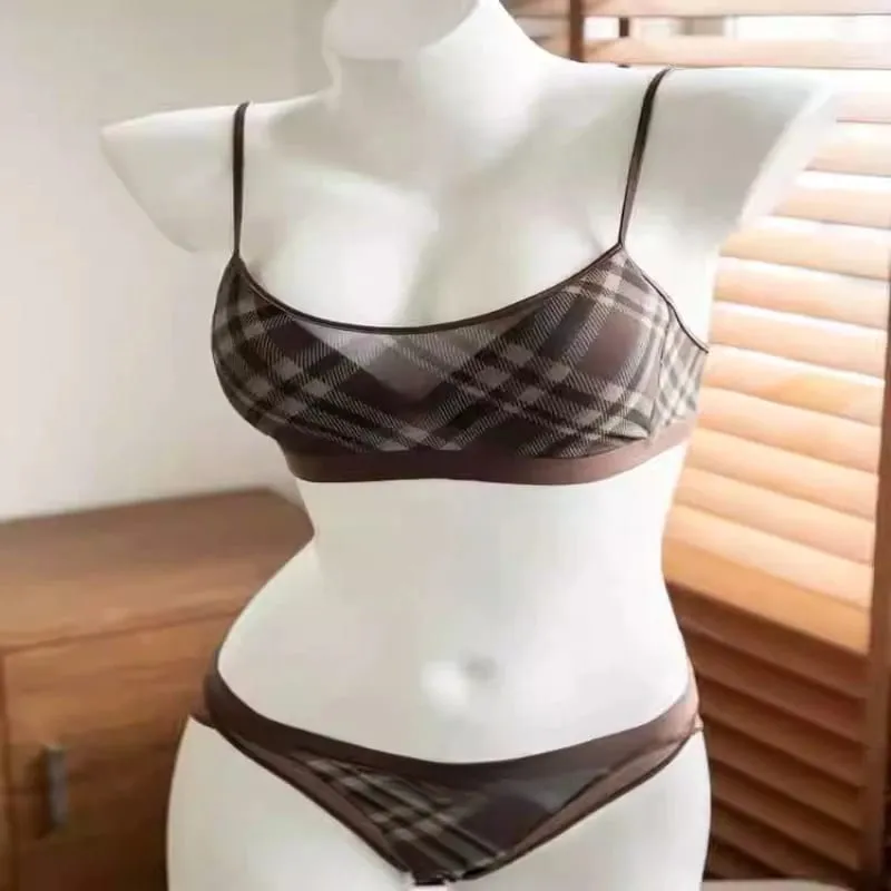 Dámské americké retro kostkované intimky set tenká push up podprsenka proti ochabování podpaží podpora tuku pohodlí každodenní nošení — image 2