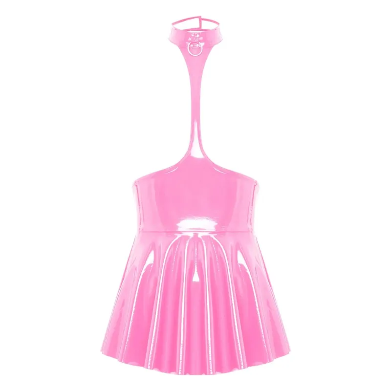สตรี Shiny Metallic Faux หนัง Hollow Out Halter Backless Mini Skater Dress ดูเปียกจีบกระโปรงสายปาร์ตี้ Clubwear — image 8