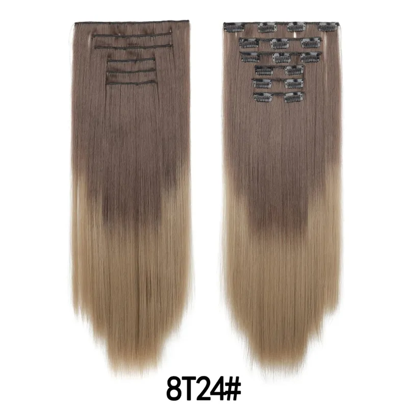 6 pezzi set clip nelle estensioni dei capelli 24 pollici lungo rettilineo testa piena capelli sintetici ombre sfumatura di colore uso quotidiano per le donne signore — image 12