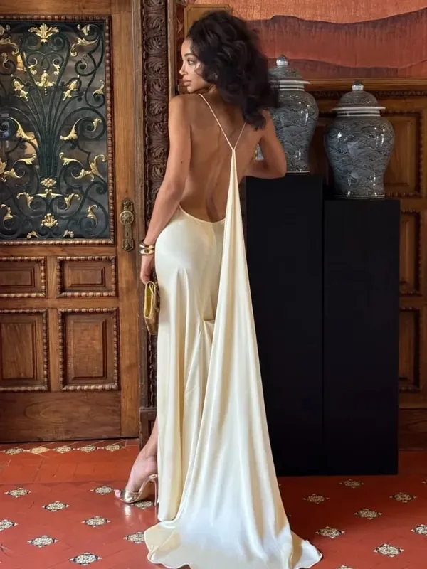 Solid tynd spaghetti-strop kappe-hals-slip lang kjole kvinder ærmeløs høj slids slim fittede aftenkjoler Elegant festoutfit