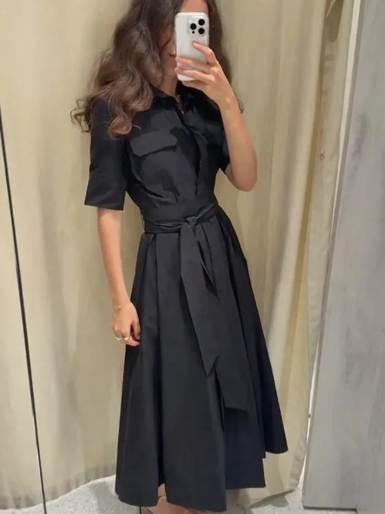 Robe mi-longue à revers pour femmes, élégante, manches courtes, Chic, couleur unie, simple boutonnage, taille longue, vacances, soirée — image 2