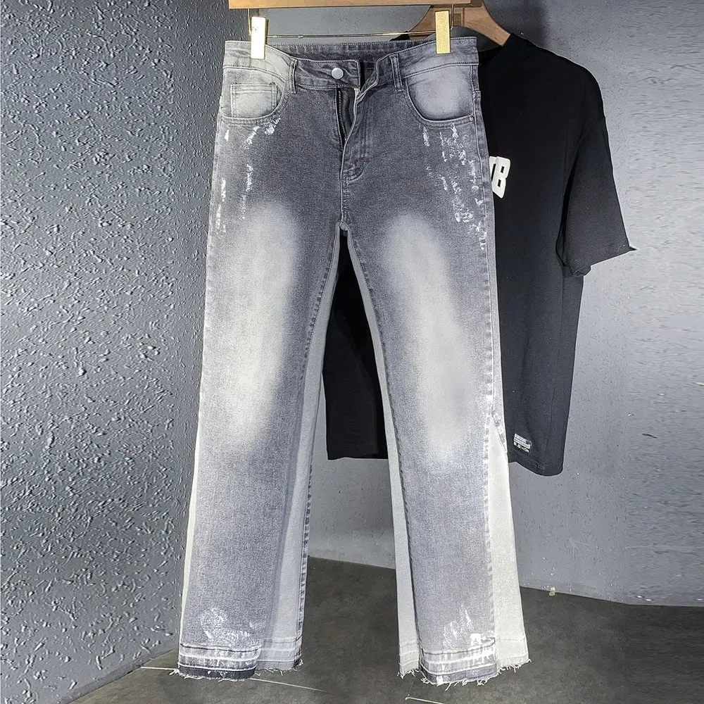 ผู้ชายทาสี Flared Denim กางเกงยีนส์ Spliced Slim Boot Cut กางเกง Vintage ผ้าฝ้ายสีเทาเปิดตัว Hem กางเกง — image 3