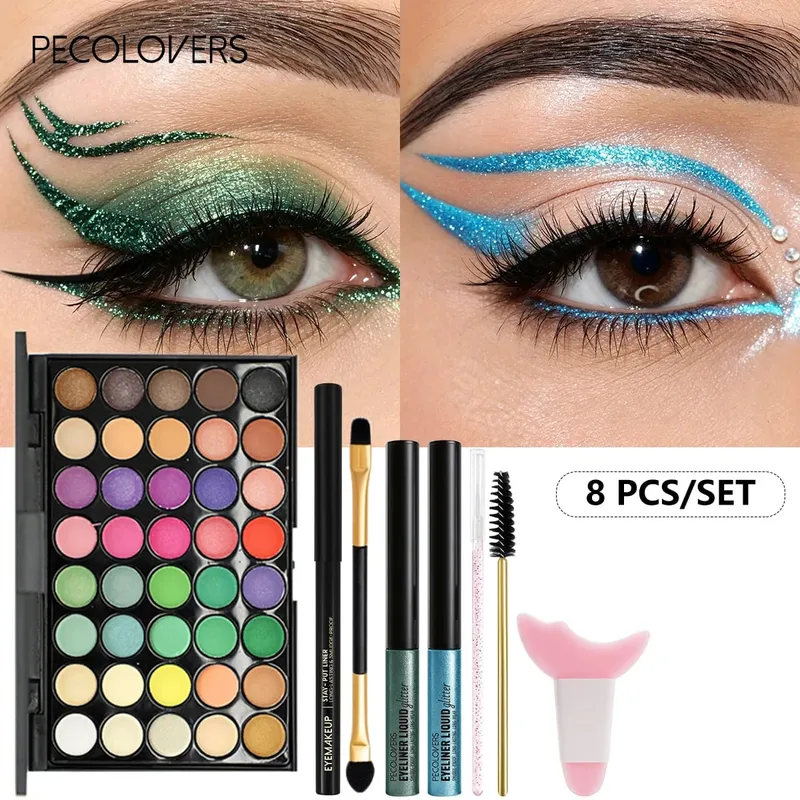 8PCS/SET Palet Pembayang Mata Celak Cecair Berkilau Celak Celak Hitam Berus Mata Set Kecantikan Halloween/Krismas/Parti — image 3