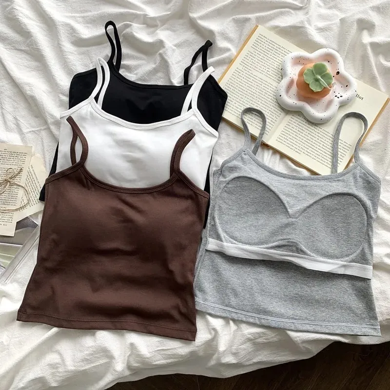 ผู้หญิงสีทึบสายรัดแขนกุด Slim Camisole พร้อมแผ่นหน้าอกสบาย Daily TOP Travel ภายในกีฬาผ้าฝ้ายเสื้อกั๊ก — image 4