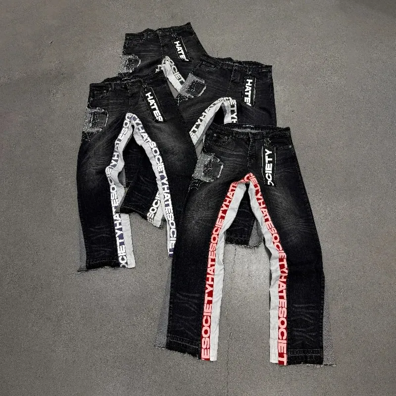 Y2k Hate Society Flared Jeans Muži Retro Spider Web výšivka Vyprané džíny American Hip Hop Streetwear Unisex Bootcut Jeans