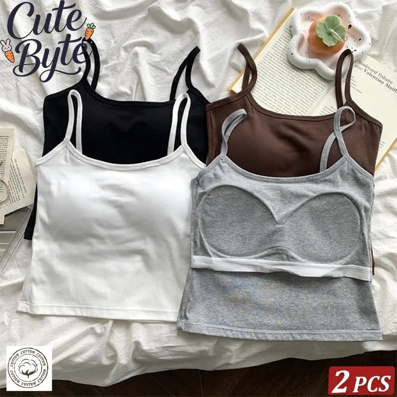 2 ชิ้น/เซ็ตผู้หญิง Basic Cotton Camisole มาดามสีทึบสปาเก็ตตี้สายรัดแขนกุด Slim เสื้อ Breathable เสื้อแขนกุดสั้น — image 2