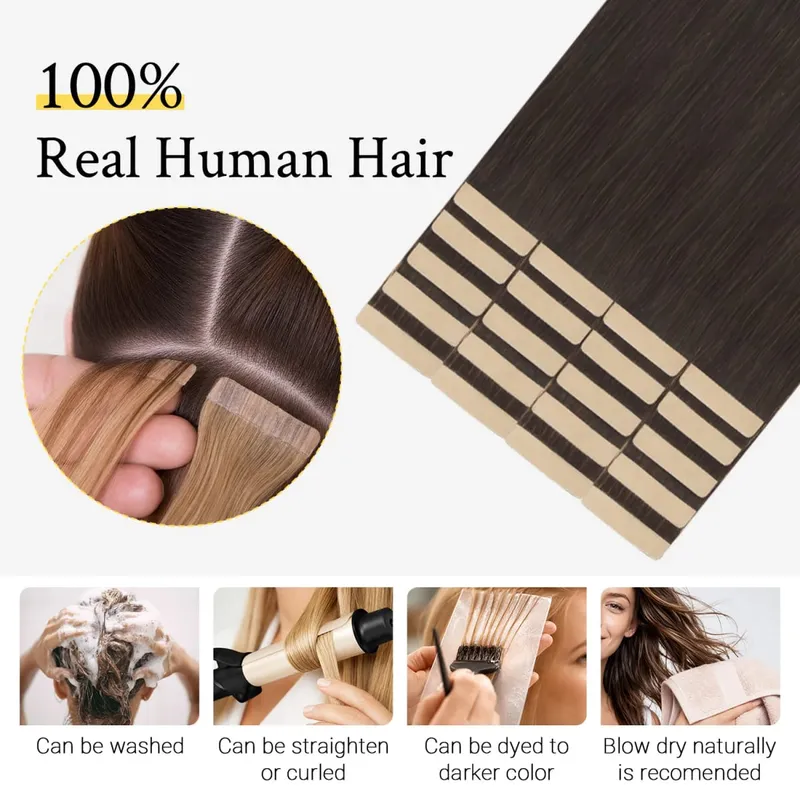 Sunmofavo Tape I Remy Human Hair Extensions Tyk Silkeagtig Lige Naturlig Brun Usynlig Tape 20 Stk Salon Grade Til Kvinder — image 2