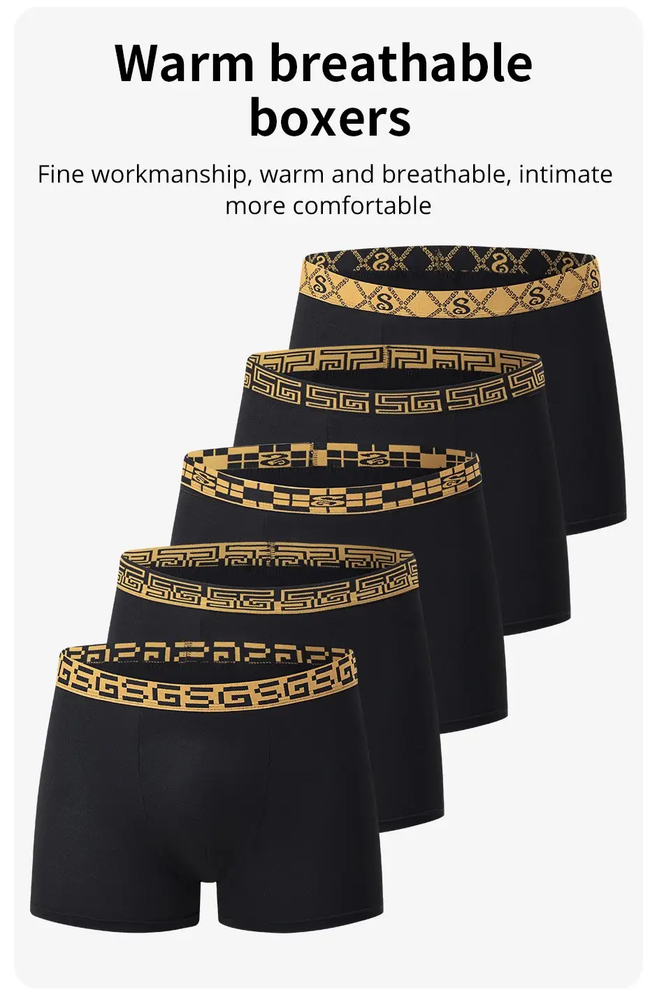 Ensemble de 5 pièces de sous-vêtements noirs classiques à taille élastique pour hommes, séchage rapide, confortables, sportifs, tendance pour jeunes, pantalons à coins plats — image 4