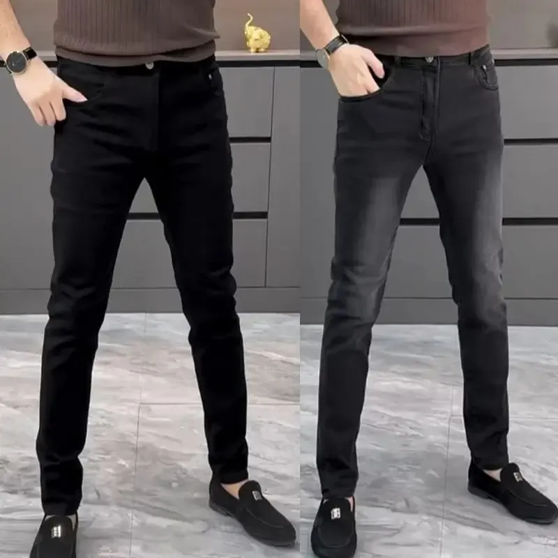 High-end Jeans erkek İlkbahar ve Yaz Çok Yönlü Ince Pantolon Siyah Trendy Marka İş Pantolon Erkek Giyim Düşük Rise Jeans