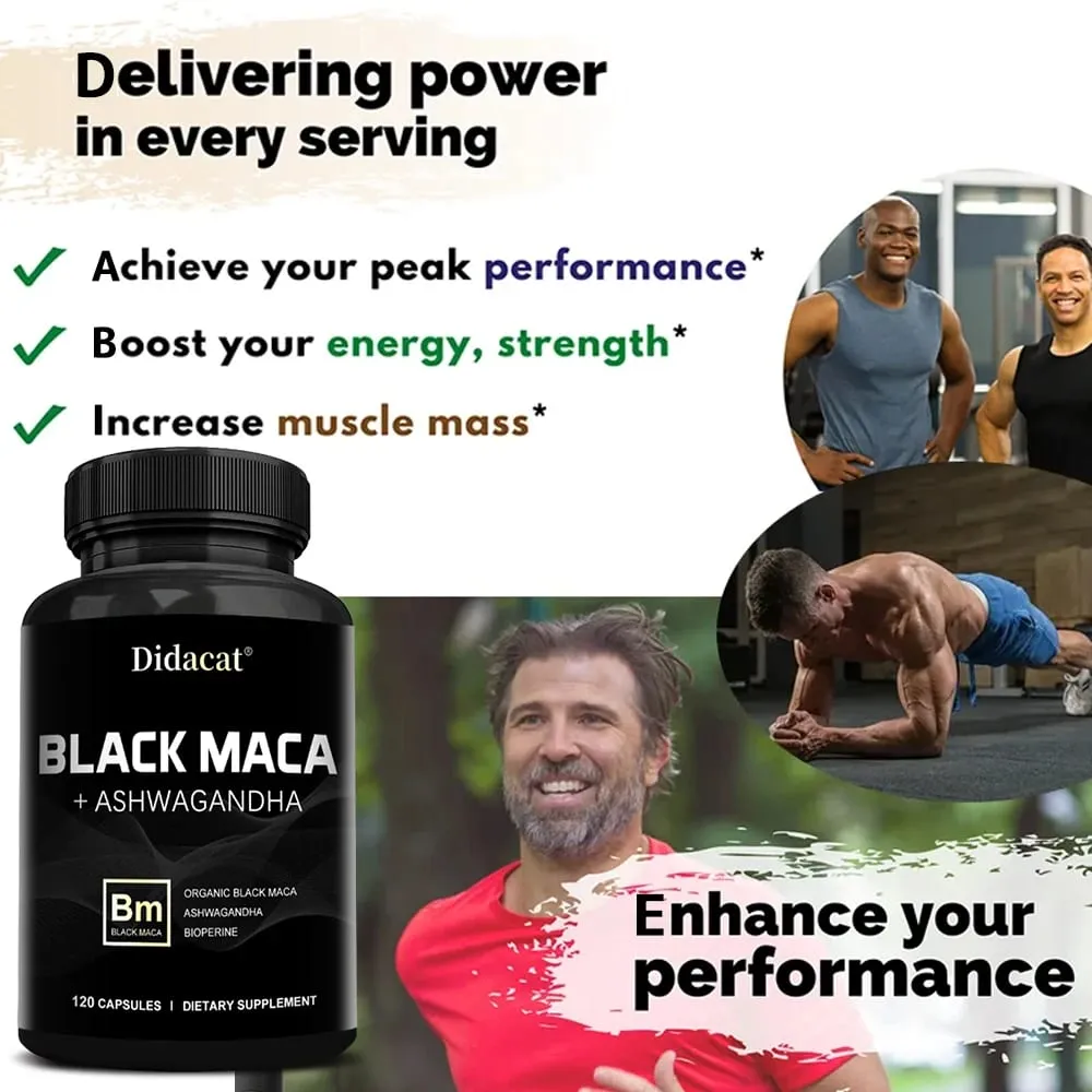 Organic Black Maca + Ashwagandha - Black Maca-kapsler med høj koncentration til mænd, der understøtter styrke udholdenhed og vitalitet