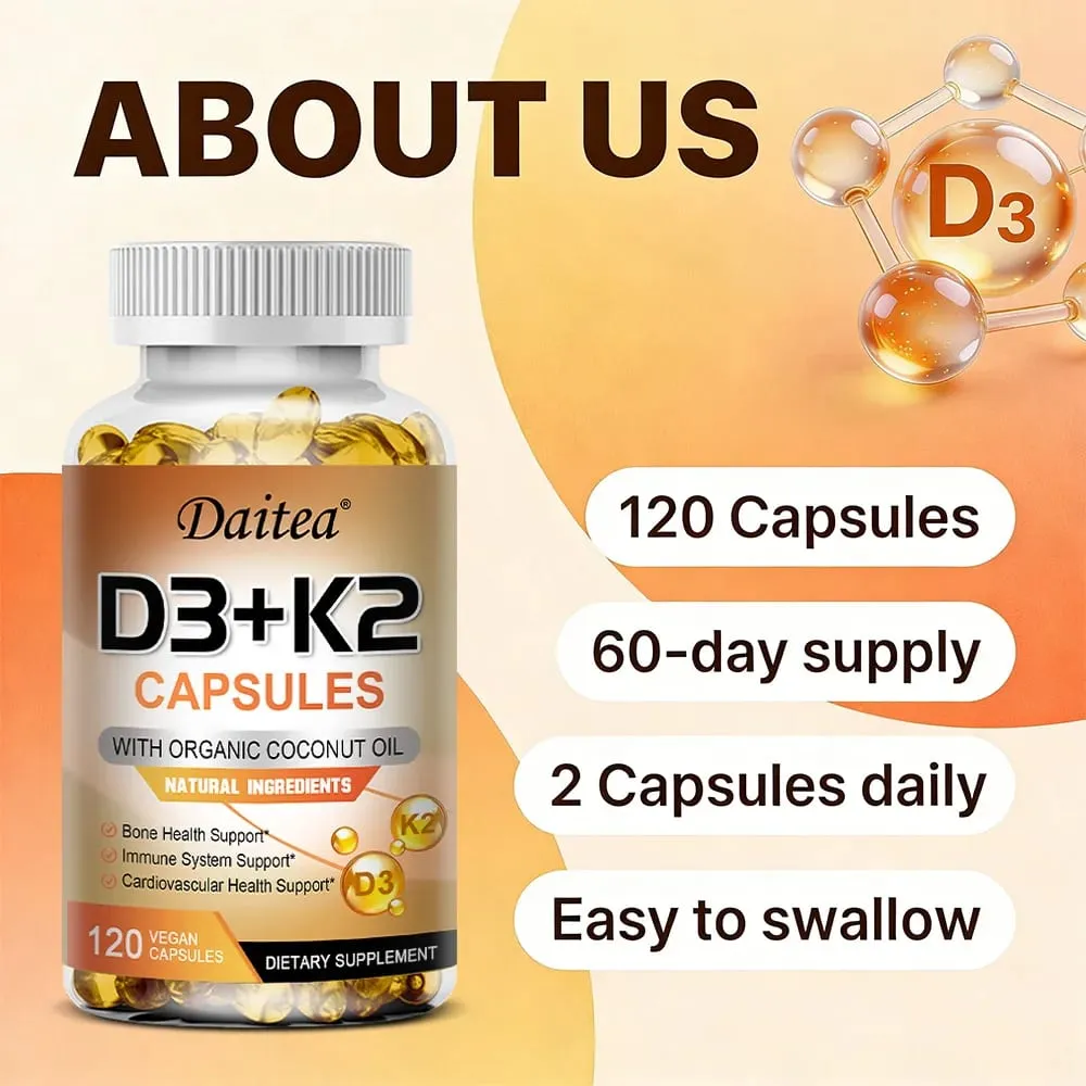 Vitamin D3 K2 Capsule - 5000 IU Vitamin D3 Promotes Strong Bones Calcium Absorption Teeth Heart Cardiovascular Health — image 6