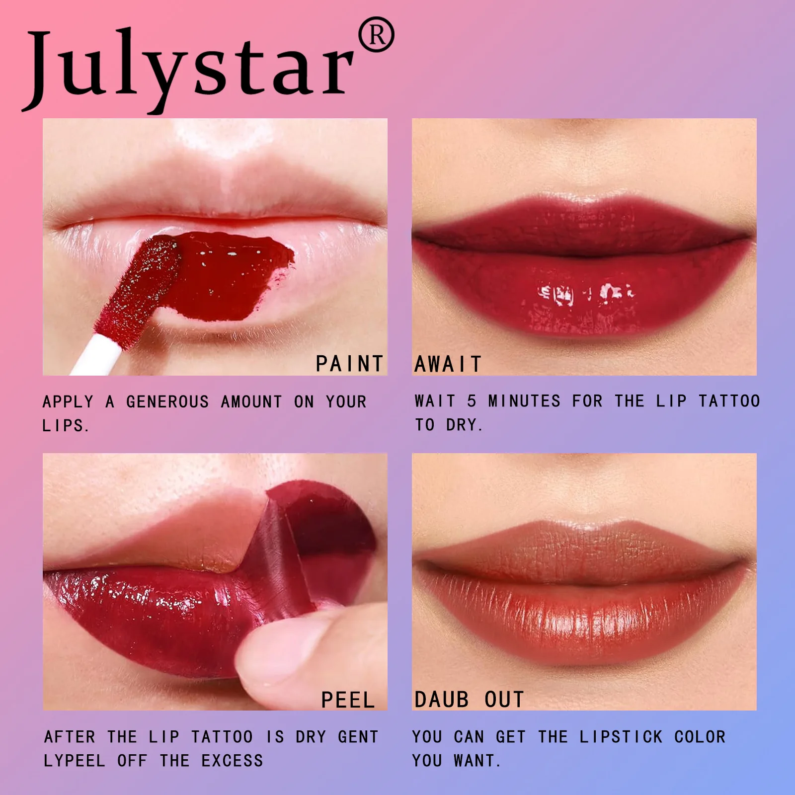 Julystar Peel Off Liquid ลิปสติก 6 สีกันน้ำ Lasting Matte Pink Lip Gloss Moisturizer Tear-off Lip Stain เครื่องสำอางค์แต่งหน้า — image 7