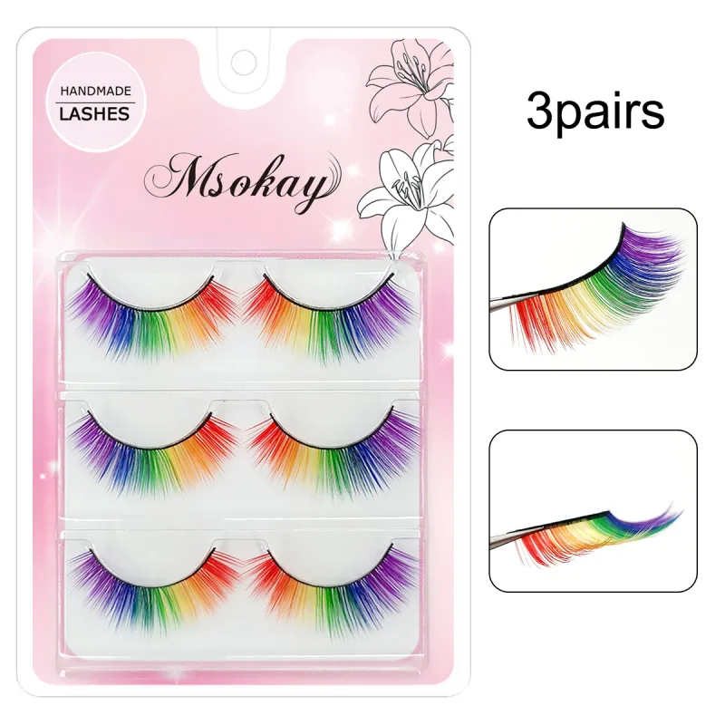3 Paar 3D flauschige bunte Wimpern, falsche Wimpern, Regenbogenfarben, Zilien für Puppen, Make-up, gefälschte Wimpern, lange Wimpernverlängerung