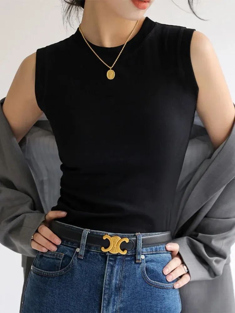 Kamisol Vest untuk Wanita Kapas Leher Bulat Berwarna-warni Asas Berbaju Dalam Tanpa Lengan Atasan Tee dengan Liputan untuk Belahan Sisi — image 2