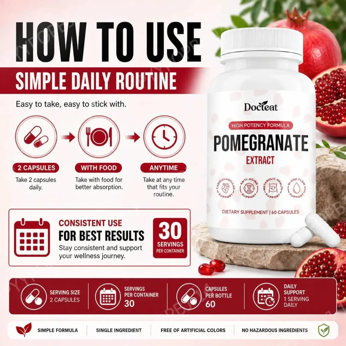 Docteat Capsules d'extrait de fruit de grenade Ellagitannin Défense antioxydante Soutien immunitaire et équilibre oxydatif 60 Capsules — image 6