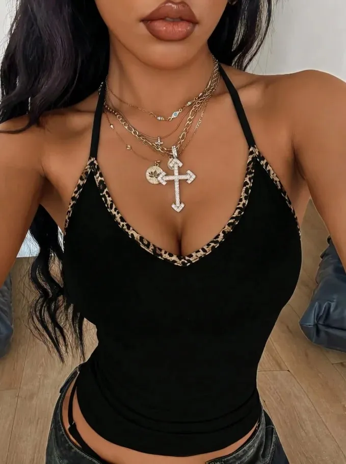 Camisole courte sans manches pour femmes, col en V, imprimé léopard, coupe cintrée, couleur unie, noir, été 2026, Y2K, Streetwear, sortie décontractée