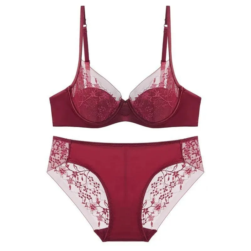 Dünne Cups, leicht gefüttert, Mesh-Blumenspitze, Push-up-BH und Höschen-Set, schöne Unterwäsche für Damen, Büstenhalter, sexy Dessous — image 2