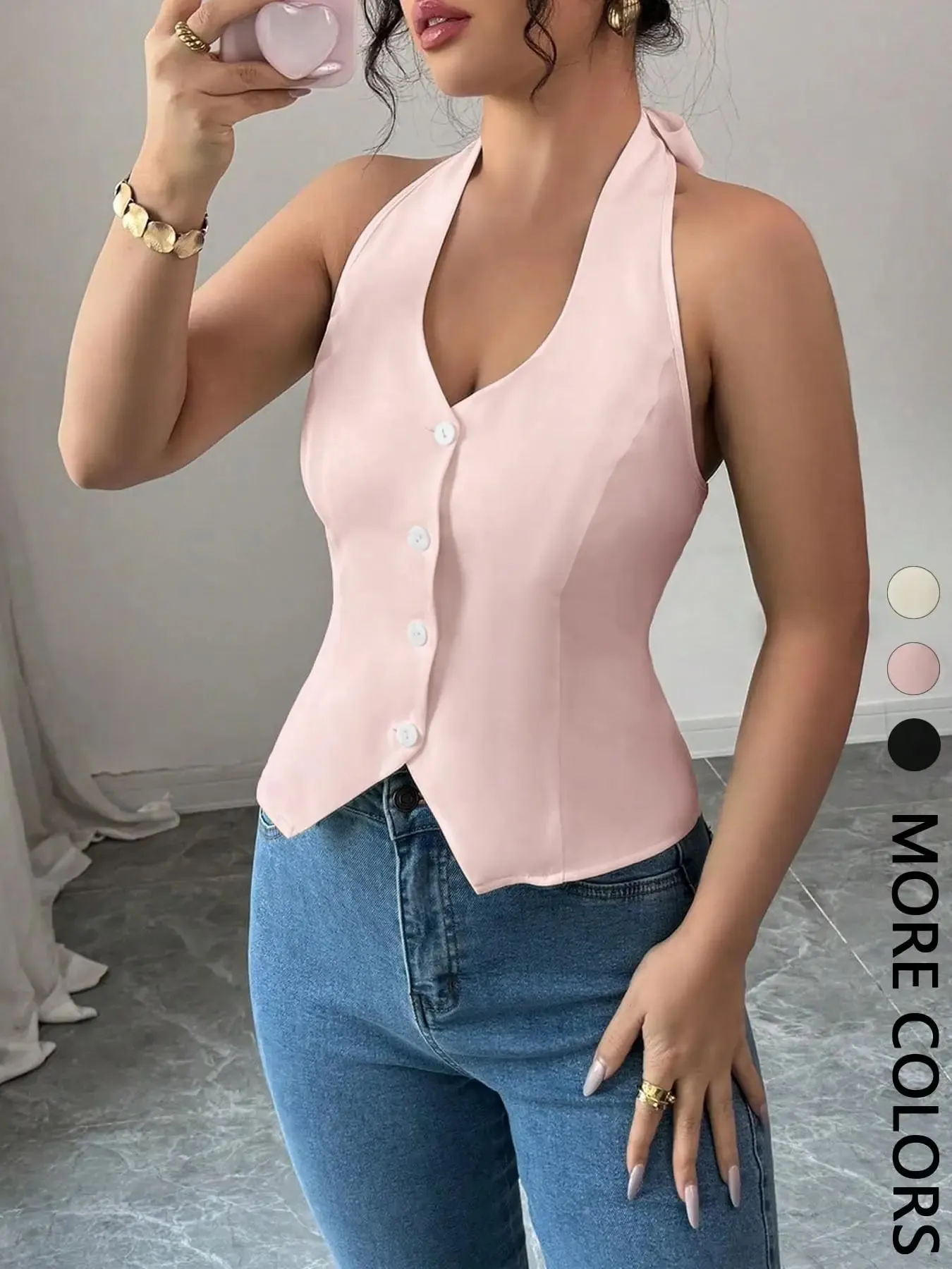 ผู้หญิงสีทึบลำลองปุ่ม-Up Halter Top Tank Vest One PieceสบายBreathableแฟชั่นฤดูร้อนสวมใส่ — image 5
