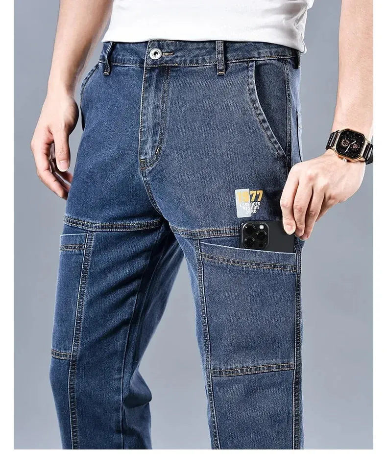 2024 Men's Summer Fashion Men's Jeans Multi-pocket Splicing Straight-leg Casual Denim Trousers Personalized Dark Blue Brand — image 10