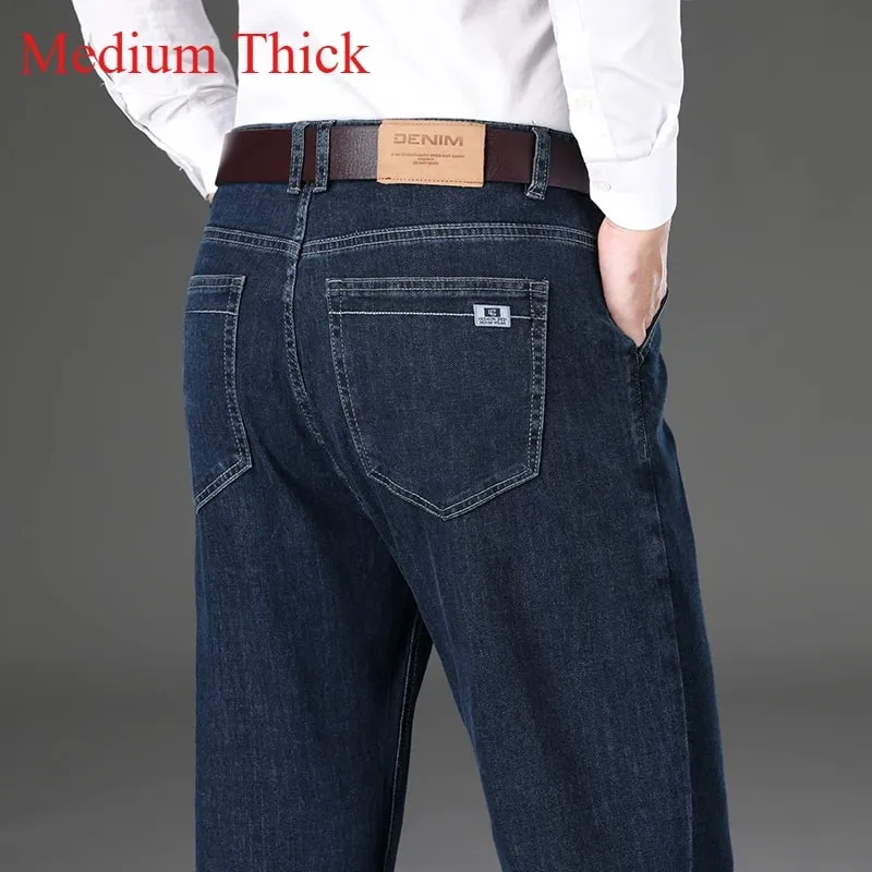 2024 Brand Thin or Thick Material Men's Elastic Cotton Jeans Fashion Gray Comfortable Denim Business Casual High Waist Pants — image 15