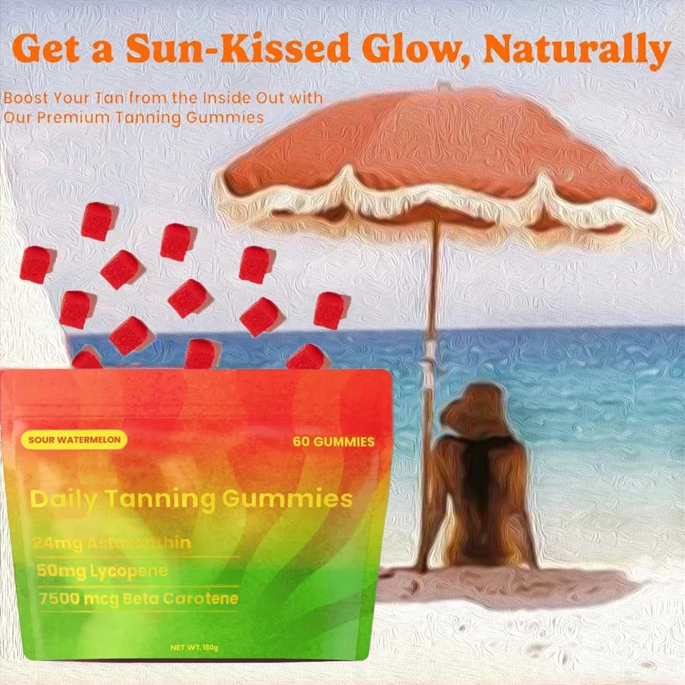 Tanning Gummies – přírodní doplněk na opalování s astaxanthinem lykopenem a beta karotenem – posílení melaninu pro zářivou a zářivou pleť — image 1