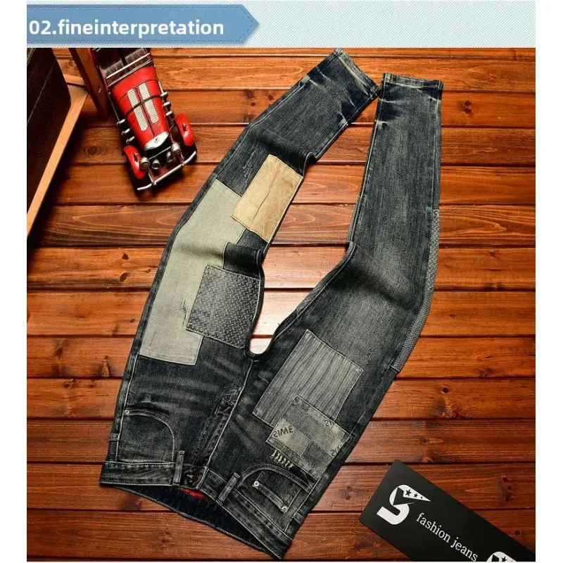 Retro og nostalgisk patchwork-design jeans til mænd trendy og moderigtigt street herretøj slim fit small fod lange bukser — image 6