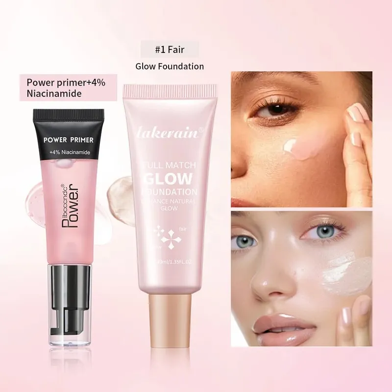 Powder Grip Primer Gel & Glow Foundation Makeup Kit Hydrating Smoothing Skin Lightweight Brighthen Shiny Fase Cosmetics Combo