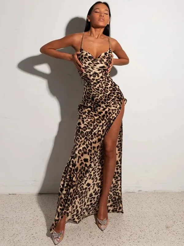 Pakaian Maxi Cetakan Harimau Harimau Wanita Tali Rantai Sebelah Celah Belakang Bodycon Pesta Pakaian Jalanan Seksi 2024 Malam Elegan — image 2