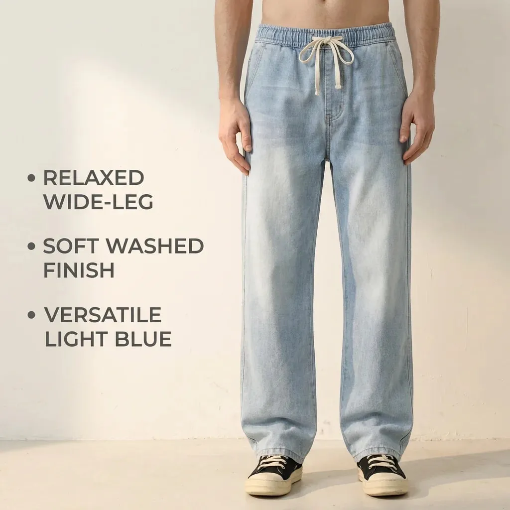 Heren lichtblauwe elastische taille trekkoord losse jeans lente zomer herfst winter veelzijdige comfortabele pasvorm casual denim broek — image 2