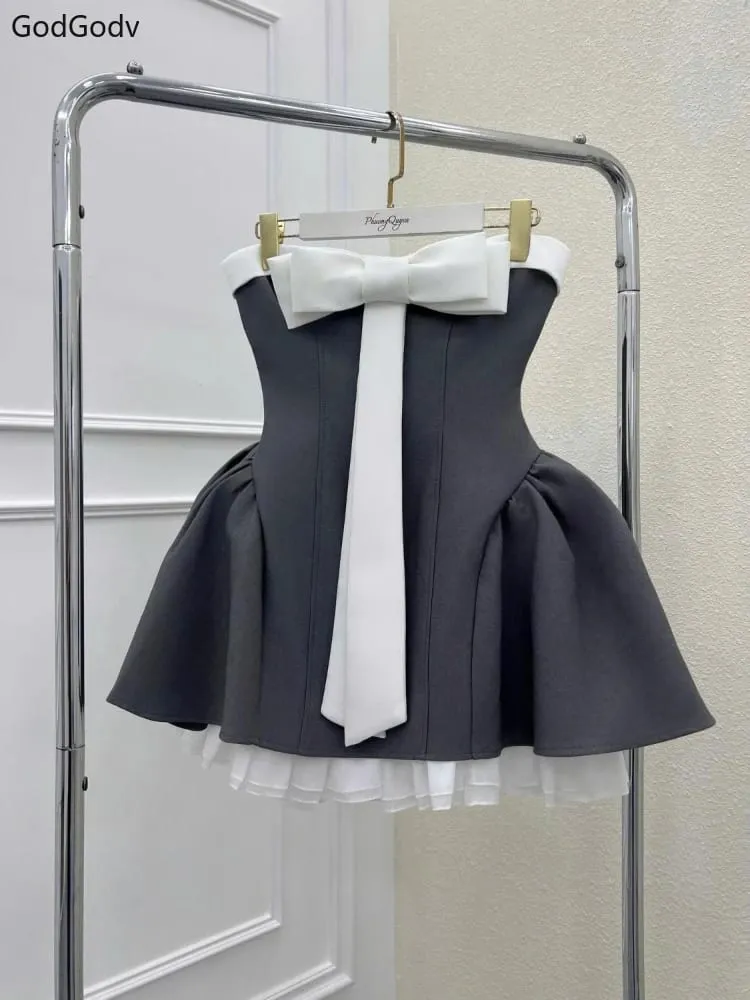Sommer Neue Vintage Elegante Frau Kleid Liebsten Bogen Patchwork Hohe Taille Puffy Mini Kleid Weibliche Französisch Chic Sexy Outfits 2025 — image 5
